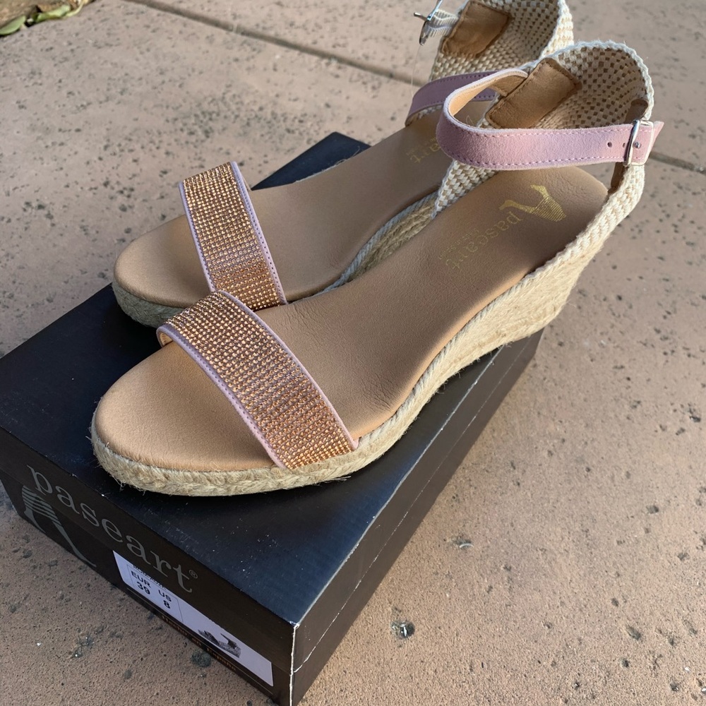 Paseart Espadrille Leather Wedges Pink NIB